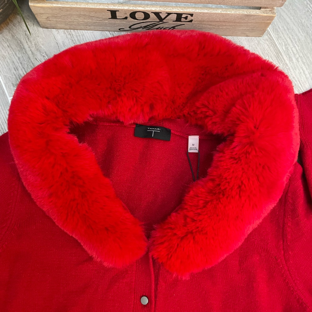 NWT Tahari Button-Down Red Cardigan w/ Faux Fur Trim – Cozy Chic - Picture 3 of 10
